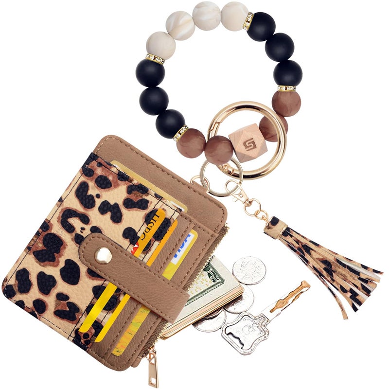 COOLANS Wristlet Bracelet Keychain Card Holder Card Pocket PU Leather Purse Tassel Keychain Bangle Key Ring for Women Girls (Silicone Bead Bracelet+Card Purse (Brown Leopard)) - Image 1